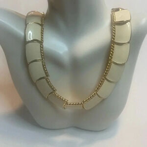 Vintage Monet Cream Color Enamel Ornate Gold Statement Necklace Stamped Monet